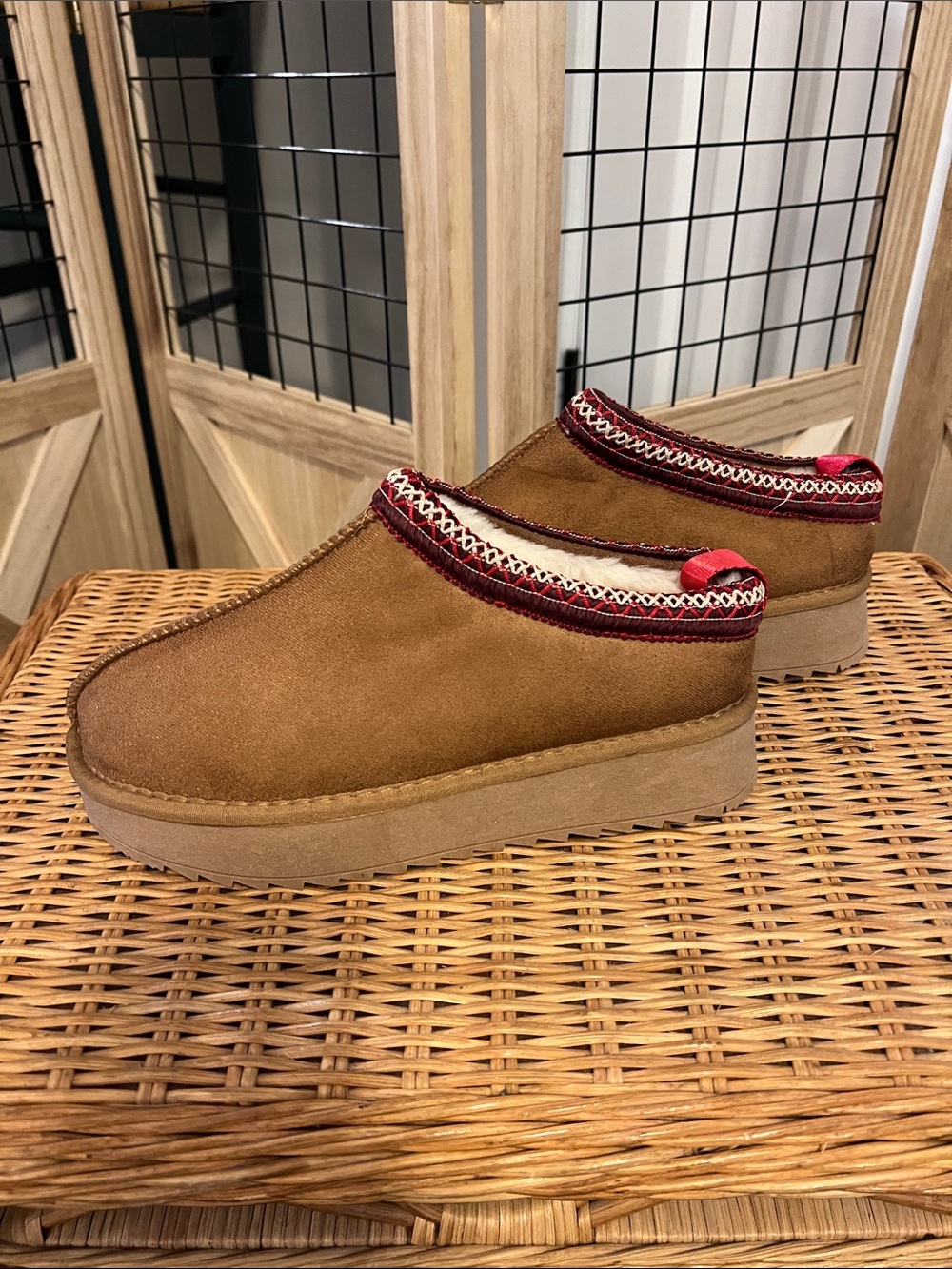 Slip-On Suede Mule Clog in Chestnut with Red Trim